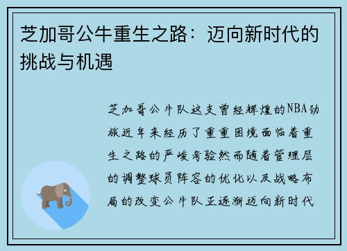 芝加哥公牛重生之路：迈向新时代的挑战与机遇