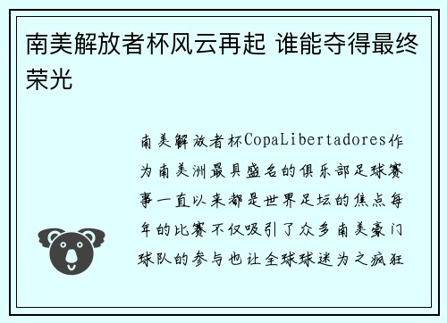 南美解放者杯风云再起 谁能夺得最终荣光