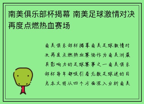 南美俱乐部杯揭幕 南美足球激情对决再度点燃热血赛场