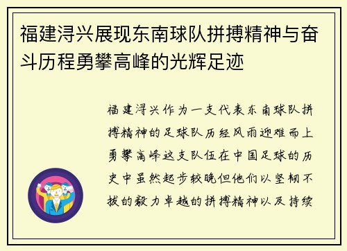 福建浔兴展现东南球队拼搏精神与奋斗历程勇攀高峰的光辉足迹