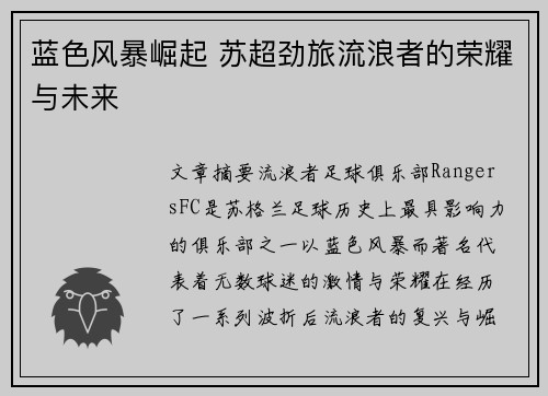 蓝色风暴崛起 苏超劲旅流浪者的荣耀与未来