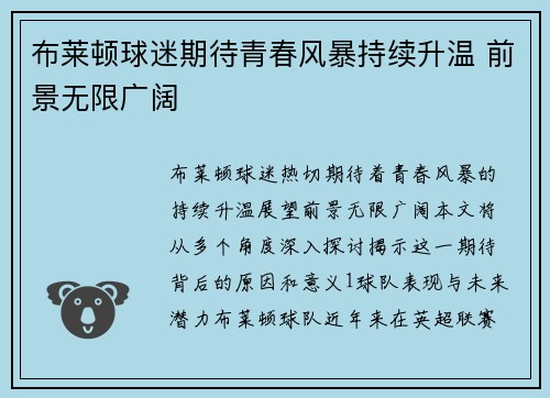 布莱顿球迷期待青春风暴持续升温 前景无限广阔